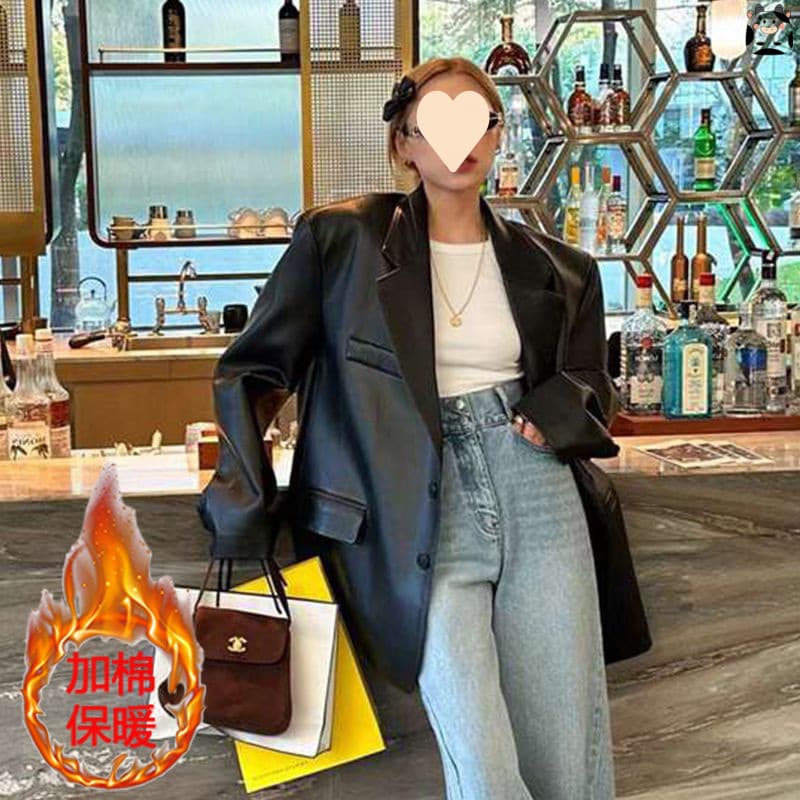 Non-Cracking Leather Blazer with Shoulder Pads for Women, 2026 Spring/Autumn New Style Loose PU Suit, Plus-Size Women's Suit