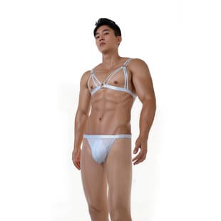Men's Sexy Lingerie Adjustable Heart-Shaped Metal Ring Chest Harness Thong Set