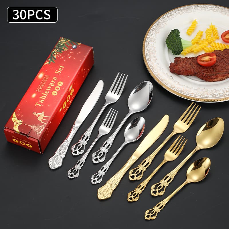 Cross-border Stainless Steel Cutlery Knife Fork Spoon Royal Court Gold-Plated Western Steak Knife Fork Dessert Spoon Fork Christmas Gift Box Set