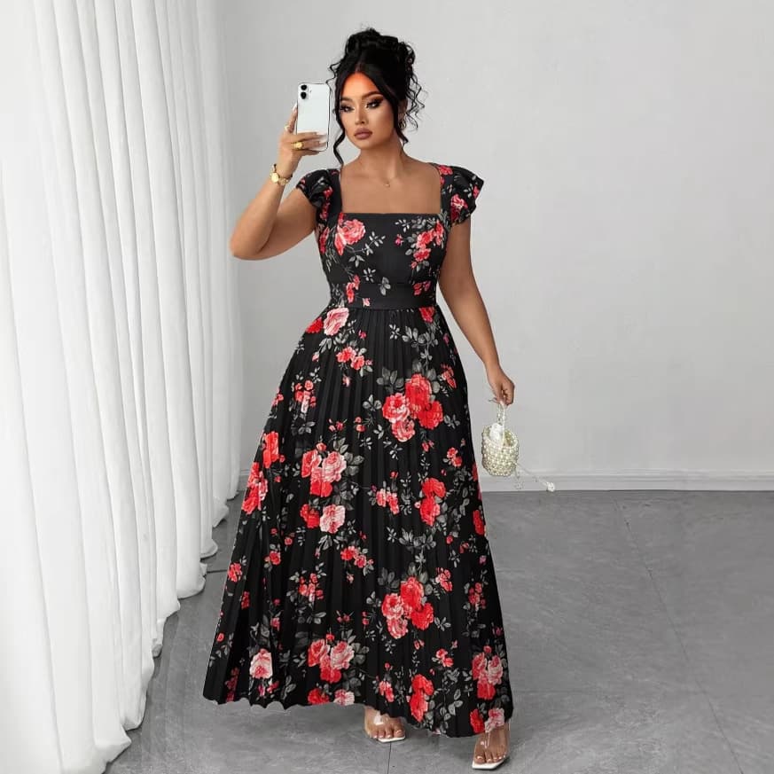 2026 Cross-Border Europe and America Summer New Square Neck Printed Dress with Butterfly Sleeves and Tie Waist, Plus Size Slimming