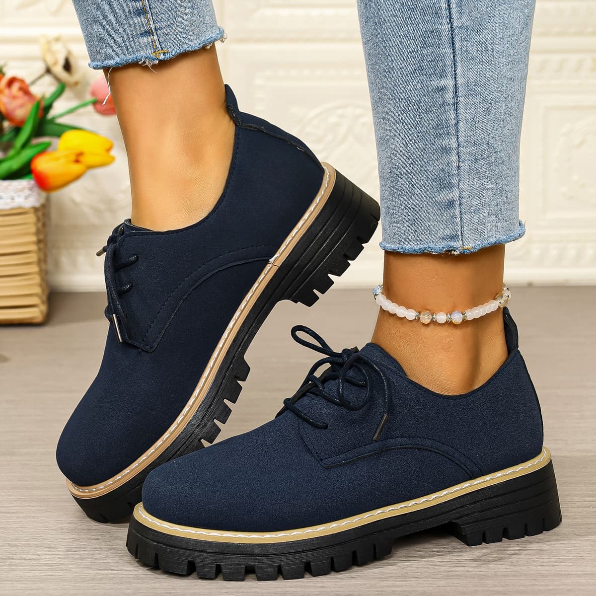 2025 Autumn/Winter New Style Shoes, Plus Size Cross-Border Square Heel Single Shoes, Women's Korean Style Round Toe Lace-up Loafers