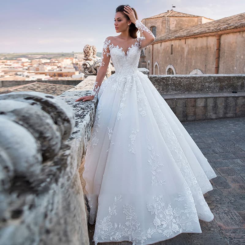 Sexy Long Sleeve V-Neck European Style Wedding Dress Lace Polyester Fabric Large Train Draped Elegant Adult Women's Gown