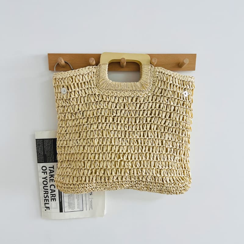 Wooden Handle Woven Bag Summer Beach Handmade Bag Mori Solid Color Straw Woven Bag Women's Bag Fashion Simple All-match