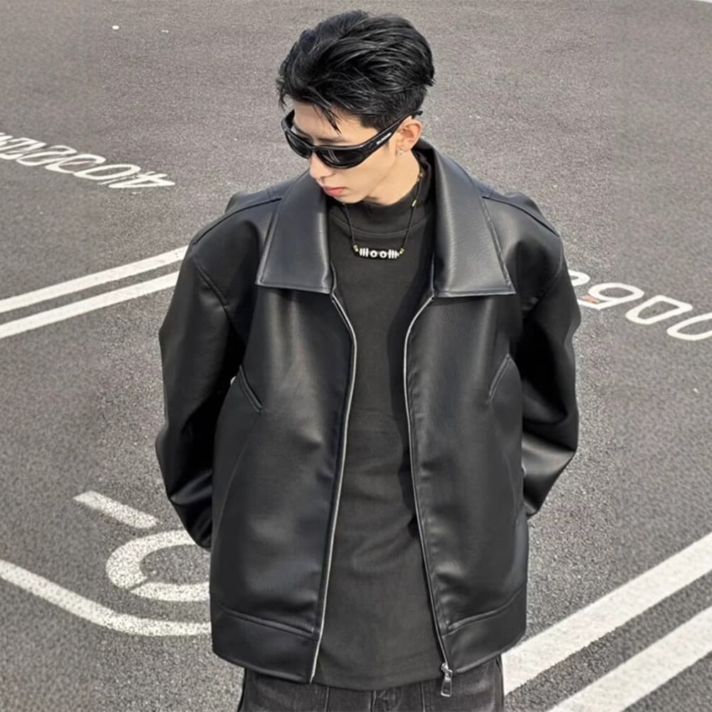 Vintage Motorcycle Leather Jacket for Men - Autumn Trendy Textured Notch Lapel Black Top, American High-Street Casual Coat
