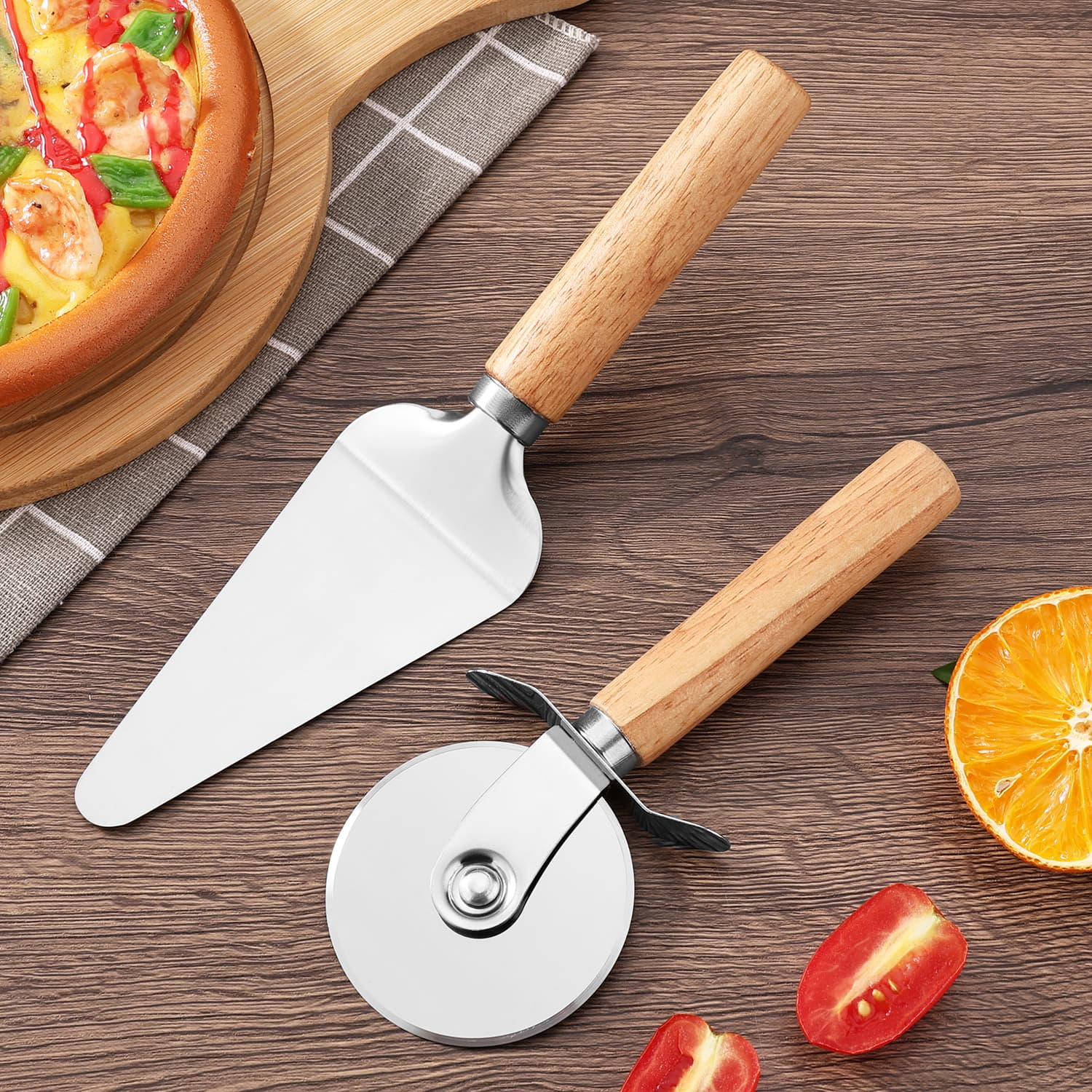 Stainless Steel Pizza Wheel Cutter with Wooden Handle, Triangular Pizza Slicer, Multi-Function Kitchen Tool