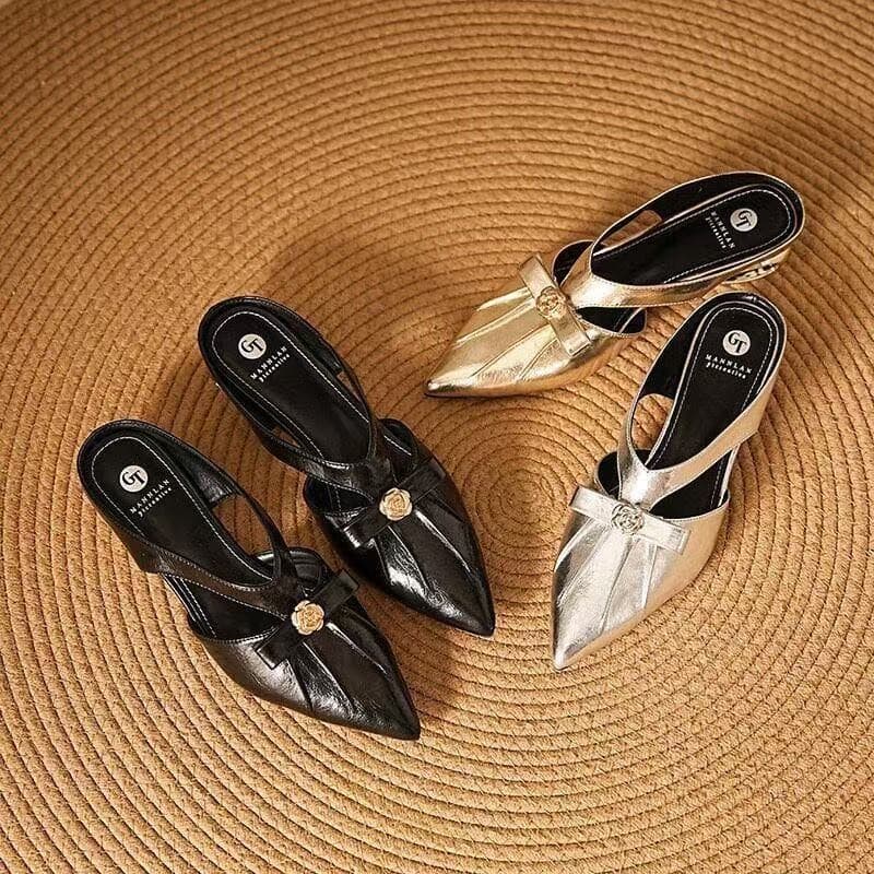 French Wrap Half Slippers for Women Summer 2026 New Style Unusual Heel Slip-On Chunky Heel Solid Color Pointed Toe Mules
