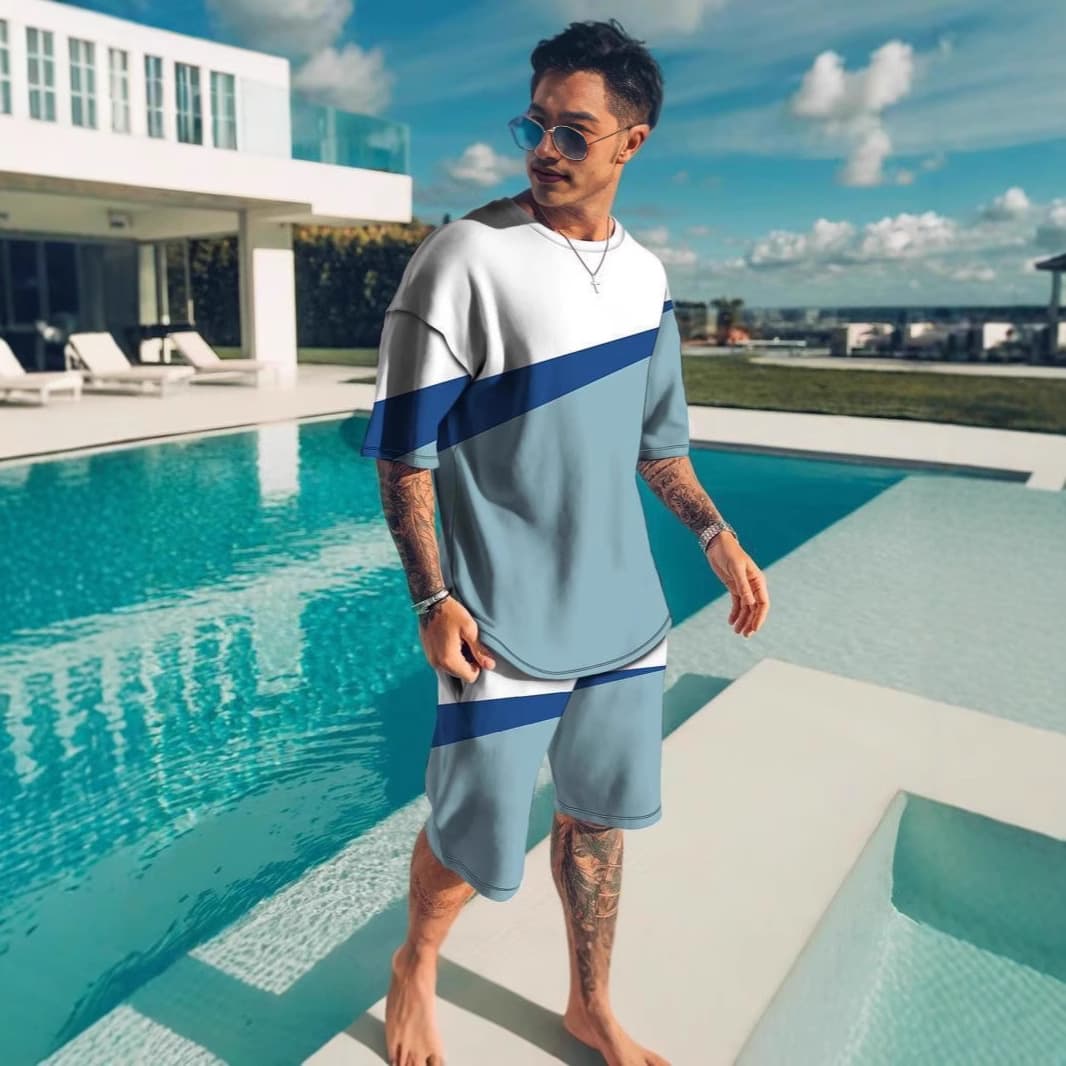 2025 Cross-Border European and American Fashion Sports Style Men's Summer Suit T-Shirt Shorts Beach 3D Printed Sports Suit