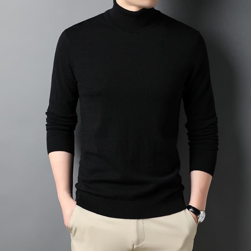 Autumn Men's Fine Wool High-Neck Fitted Solid Color Cashmere Sweater Pullover