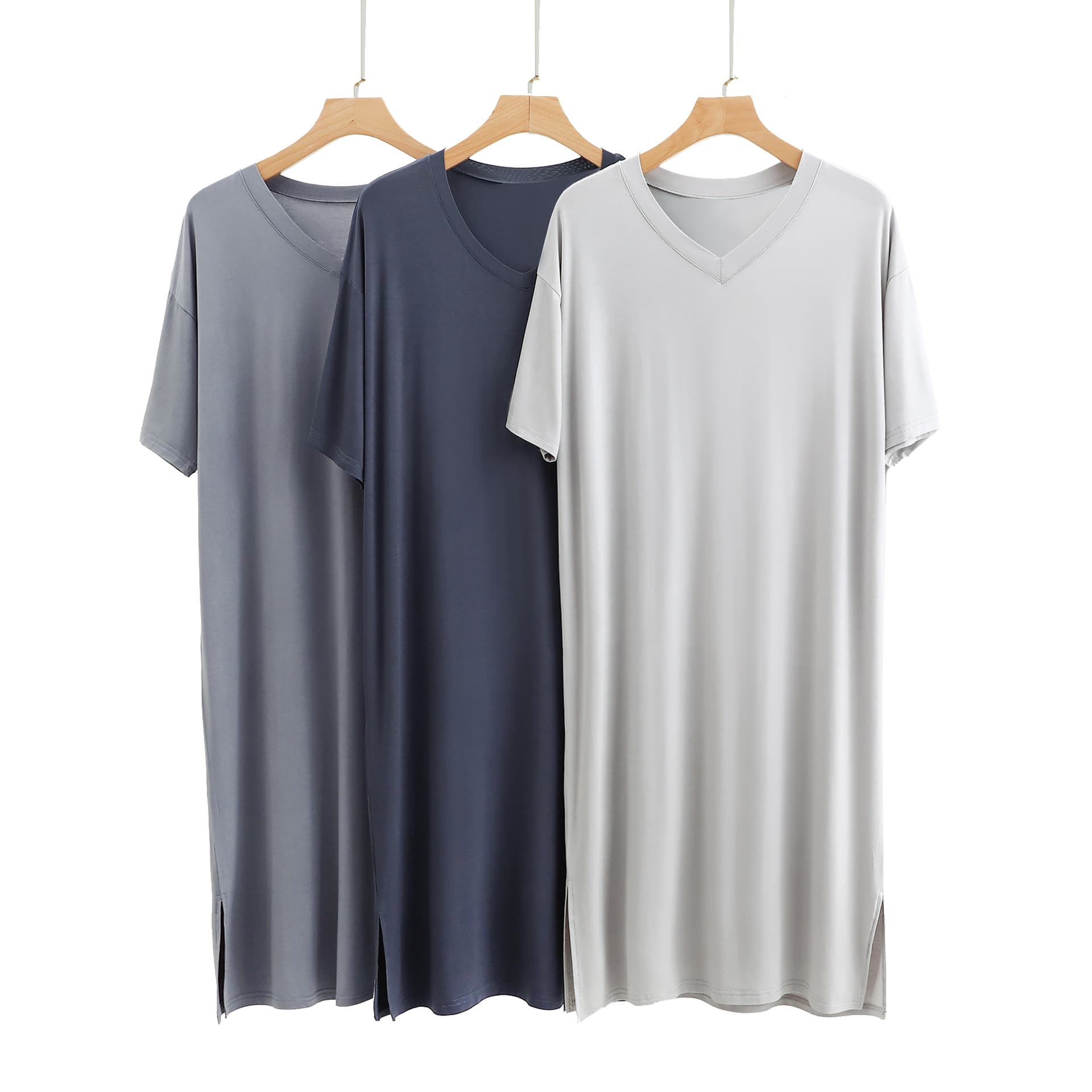 Bitcotton 007 Modal Men's Nightgown Long Length Over Knee Short Sleeve V-Neck Mid-Length Robe Loose Fitting Dress