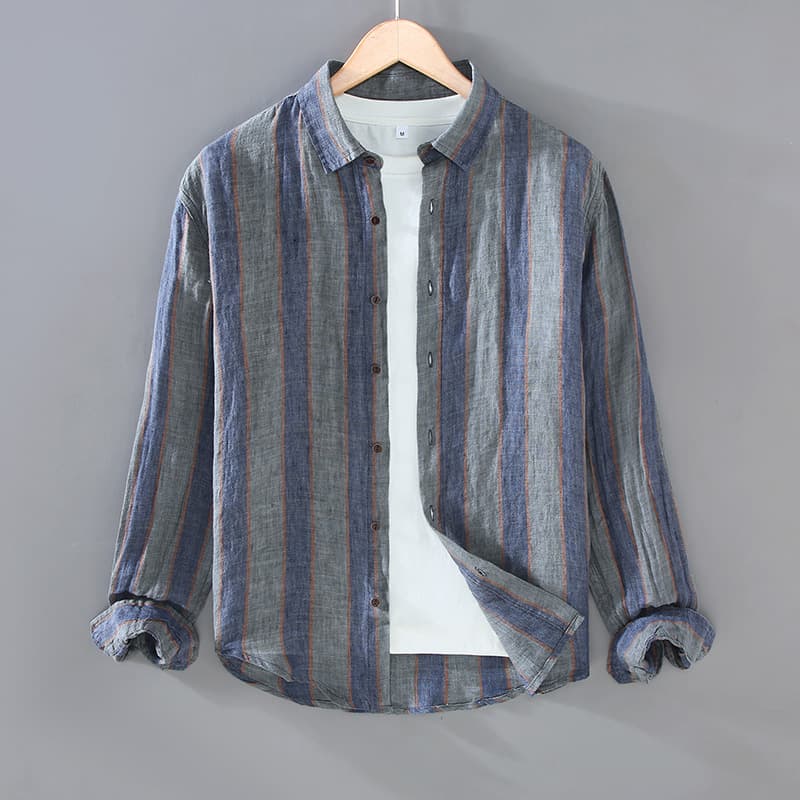 G187 Yarn-Dyed Striped Color-Block Linen Long-Sleeve Men's Shirt Casual Square Collar Retro Linen-Cotton Shirt Men's Fashion
