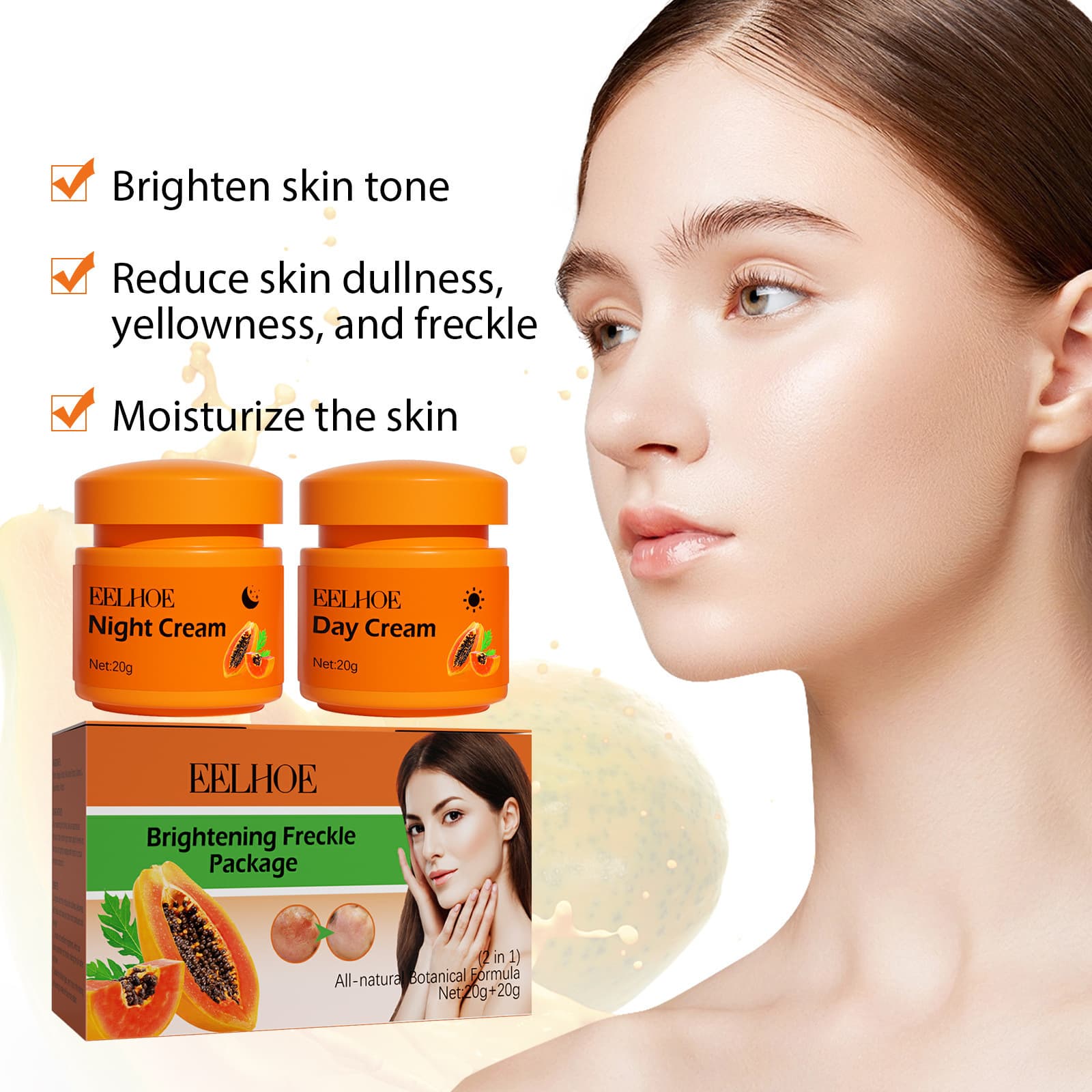 EELHOE Papaya Whitening Freckle Cream - Fades Facial Freckles, Dark Spots, and Blemishes, Brightens and Moisturizes Skin, Day and Night Cream
