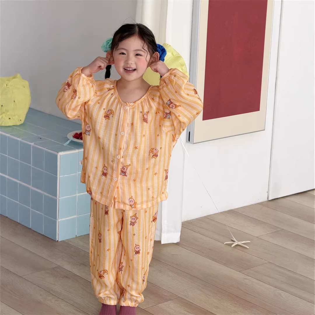 Children's 100% cotton parent-child home wear set, small and medium-sized children's printed long-sleeved trousers pajamas, casual breathable double-layer bamboo cotton set