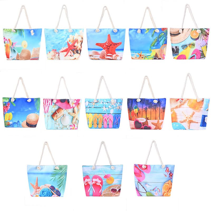 Cross-border Hot Selling Printed Women's Beach Bag Large Capacity Handheld Canvas Bag Seaside Shoulder Bag Cotton Rope Tote
