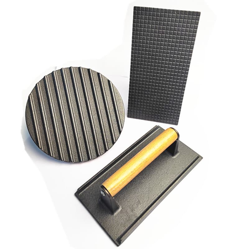 Cast Iron Grill Press Plate for Steak, Rectangular and Round Non-Stick BBQ Grill Press with Beechwood Handle