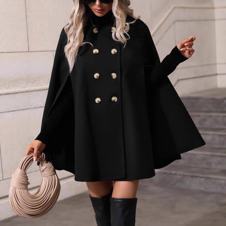 Cross-border European and American Autumn/Winter Premium Cape Wool Coat for Women, Mid-Length Double-Breasted Loose Slimming Overcoat