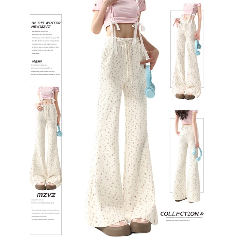 Apricot floral boot-cut pants for women in summer new style high-waisted retro casual trumpet horseshoe slim pants trendy