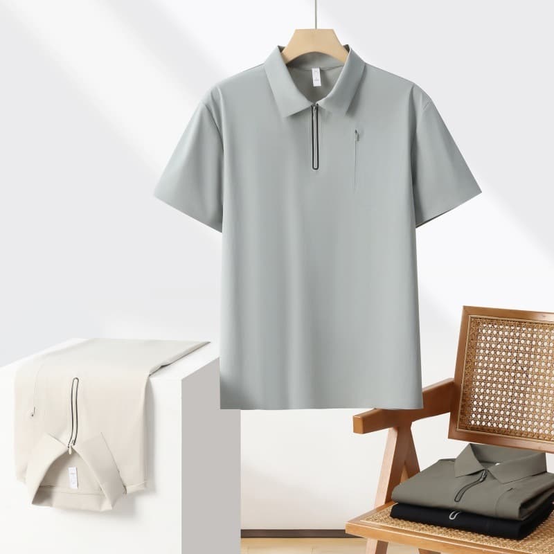 Cross-Border Summer High-Quality Ice Silk Seamless T-Shirt Polo Shirt Public Version Solid Color Turn-Down Collar Daily Business Casual Top
