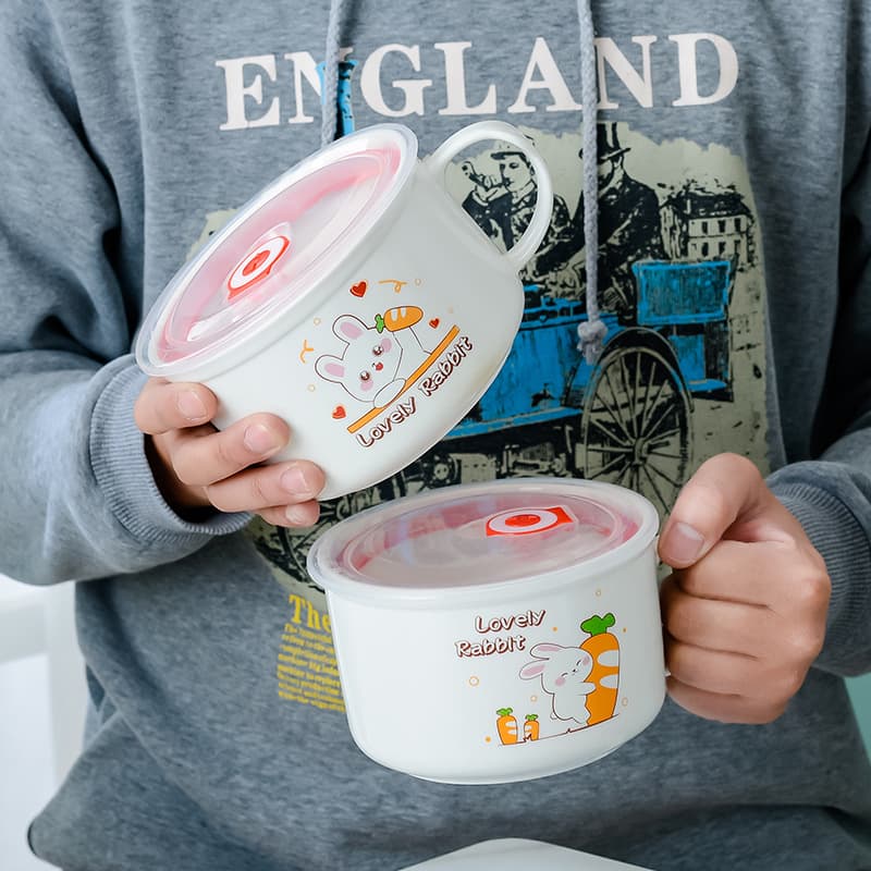 Creative Cartoon Ceramic Instant Noodle Bowl with Lid, Color Glaze Dormitory with Handle Student Rice Bowl, Household Lunch Box Microwave Soup Bowl