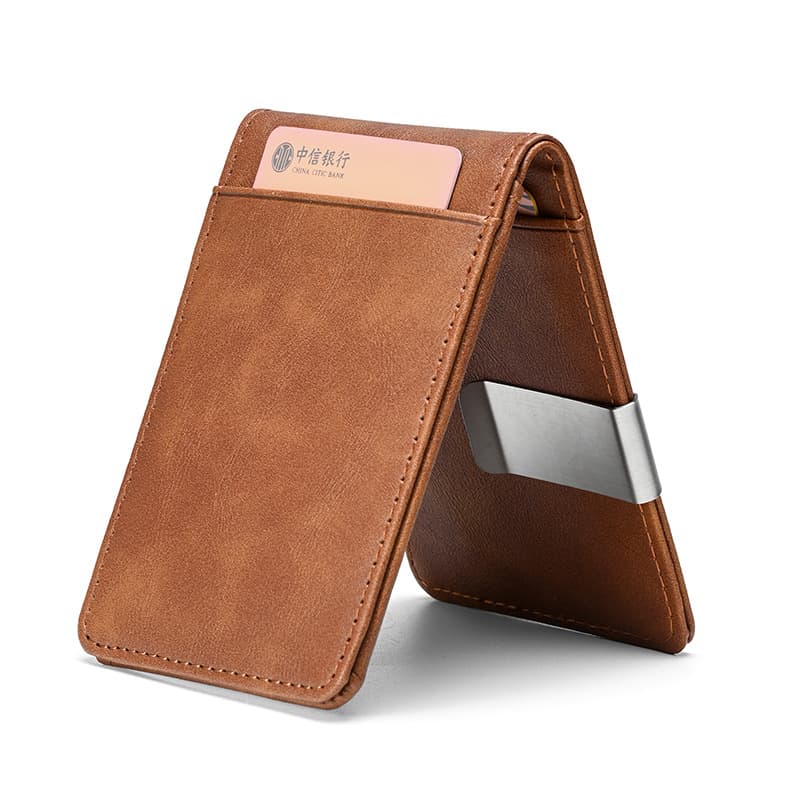Cross-border card holder, document bag, men's crazy horse pattern short wallet, stainless steel dollar wallet, credit card holder PU
