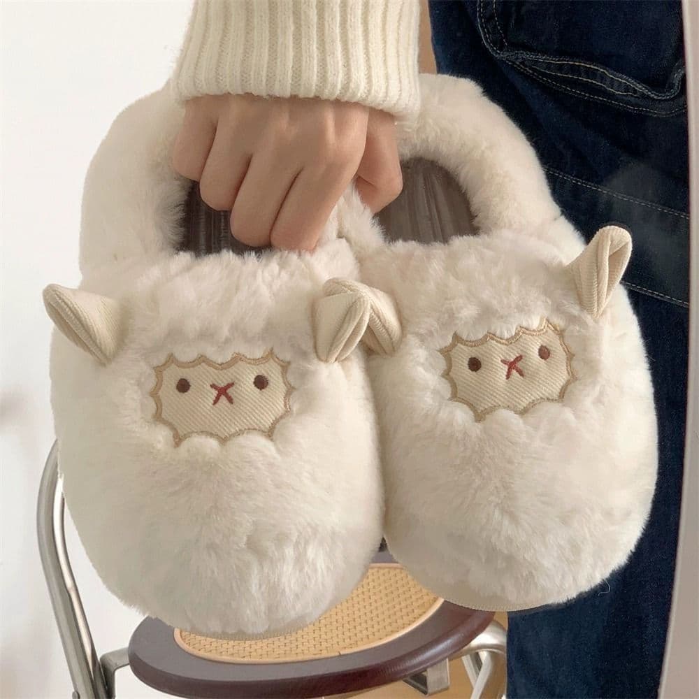Cute Sheep Cotton Slippers for Women, Home Cotton Slippers, Fleece-Lined Cotton Slippers for Men, Warm Shoes, Postpartum Shoes for Women, Closed-Toe Slippers