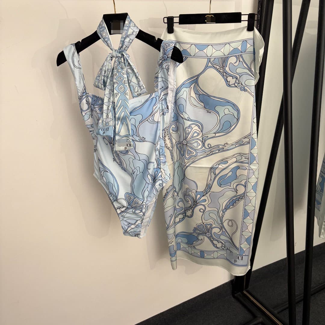 Nanyou High-End Export New Bikini Three-Piece Set Abstract Print Halter One-Piece Swimsuit + Skirt + Headscarf