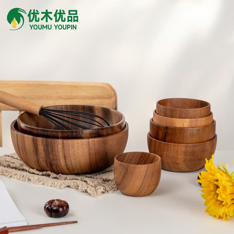 Walnut round salad bowl household acacia wood instant noodle bowl children's wooden bowl restaurant wooden anti-scald bowl rice bowl