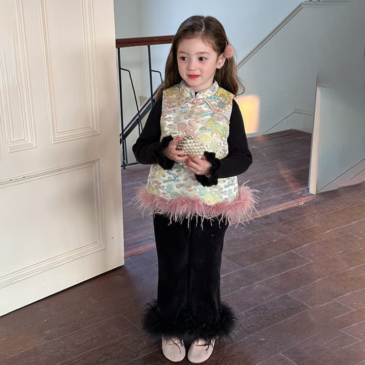 Aimobeibei Detachable Ostrich Feather Trim ~ Girl's Chinese New Year Outfit New Chinese-style Jacquard Silver Thread Cotton-padded Vest