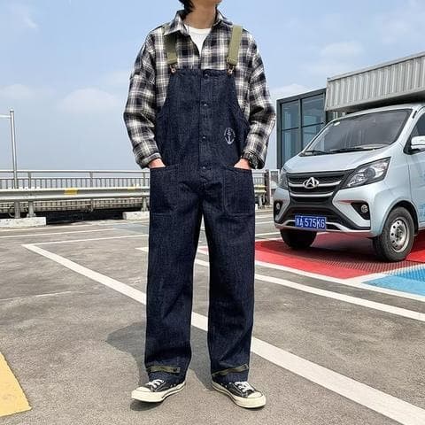 Cross-border Vintage US Navy Deck Work Bib Overalls Men's Summer Washed Straight Leg Jeans Streetwear Brand