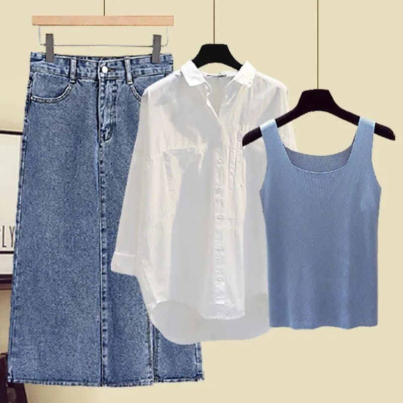 Plus Size Women's Summer Set for 200 lbs: Shirt Jacket, Camisole, Denim Skirt, 3-Piece Outfit