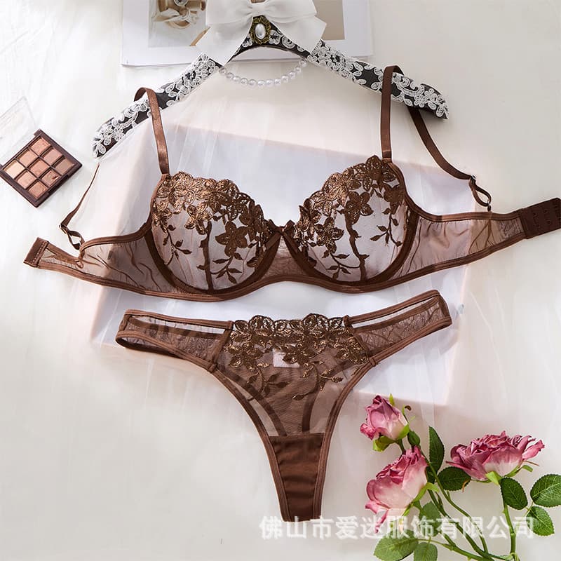 Y Cross-Border French Light Luxury Sexy Lingerie Women's Thin Lace Embroidery Ultra-Thin Cup Bra Set with Underwire 25079