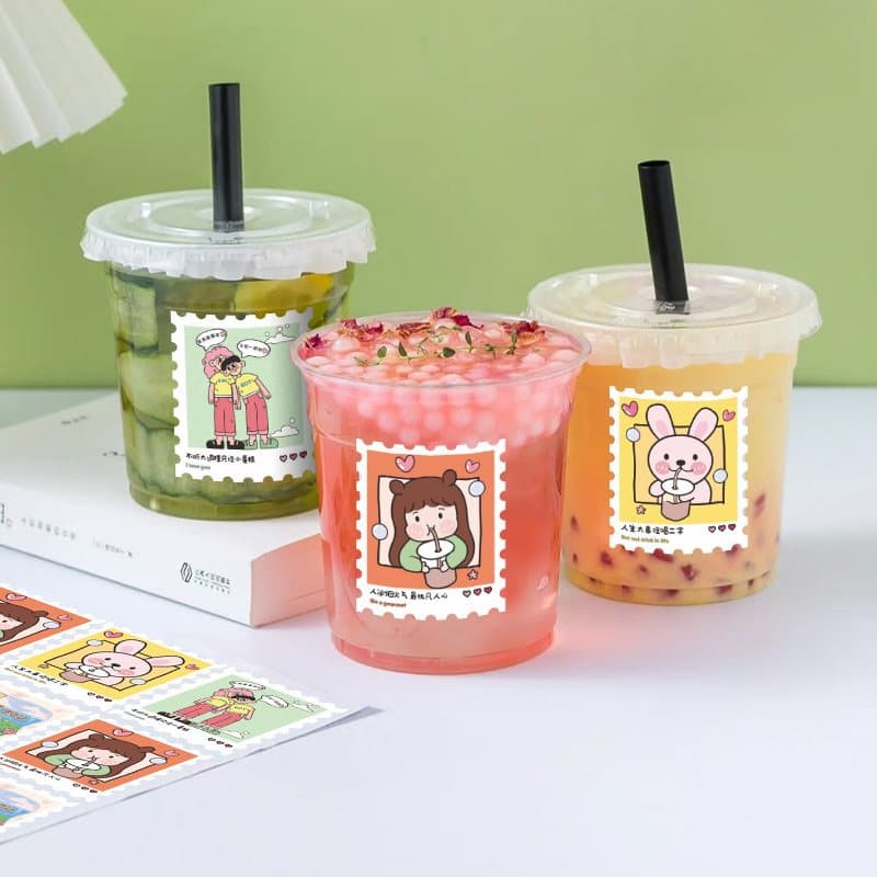 Milk tea cup sticker printing, cartoon stamp fruit tea takeout decorations, creative drink shop coffee labels