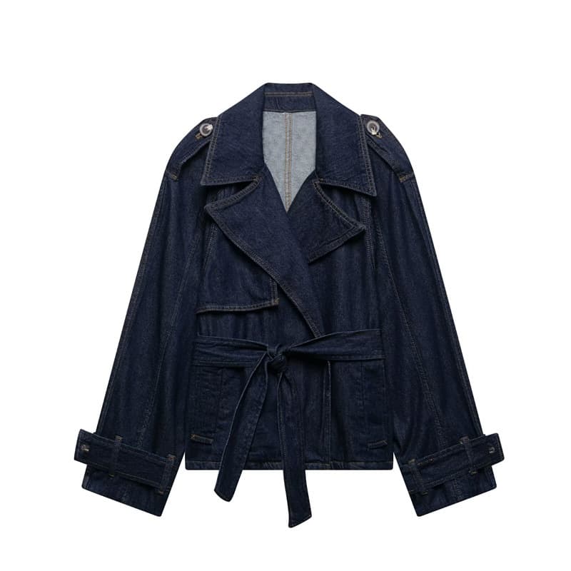 2025 Spring New Women's Fashion Tie-Front Notch Lapel Denim Jacket + Denim Pants 0871889