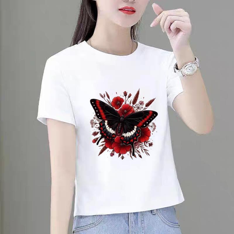 Butterfly-Style Casual Printed Top, Korean Style, Fashionable Summer Round-Neck Youth Ins Trendy Short-Sleeve T-Shirt