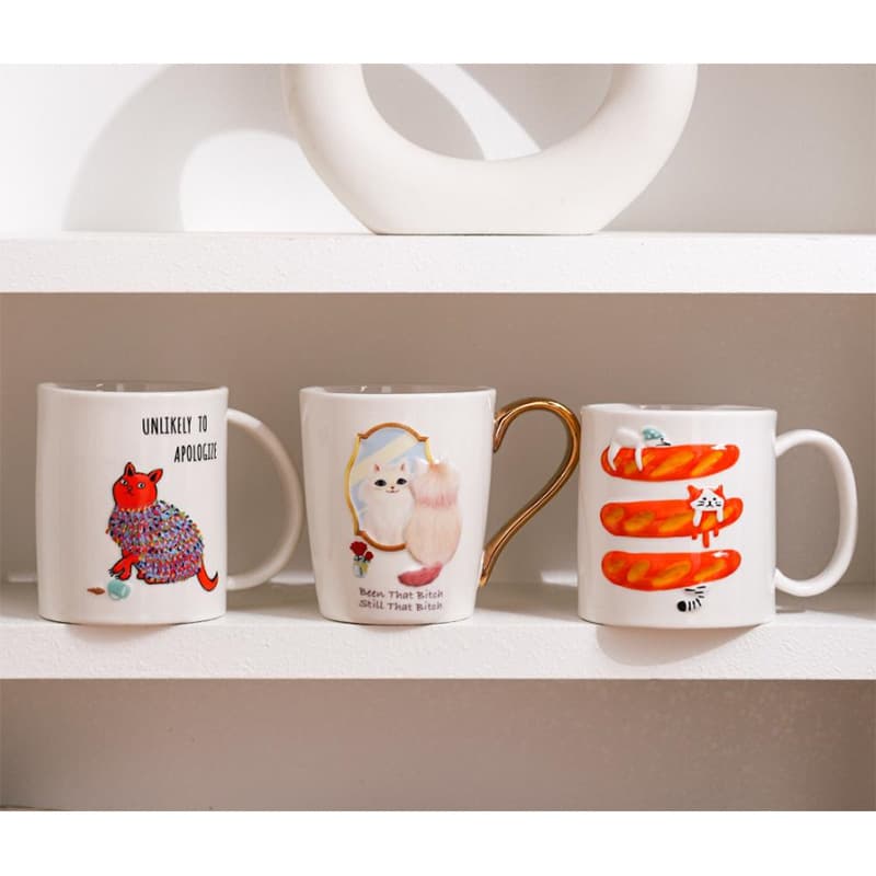 Niche Quirky Cat Mug 3D Relief Hand-Painted Ceramic Cup Couple's Creative Coffee Water Cup Ins
