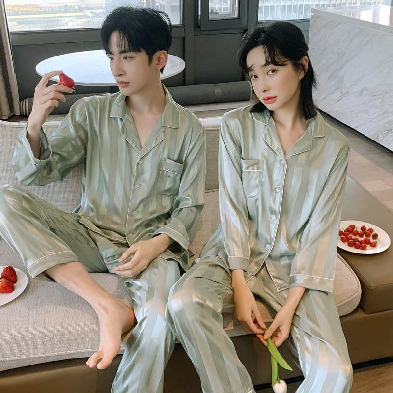 Couples Ice Silk Sleepwear Long Sleeve Home Clothes Comfortable Breathable Polyester Fiber Ultra-Thin Summer Men's Home Suit