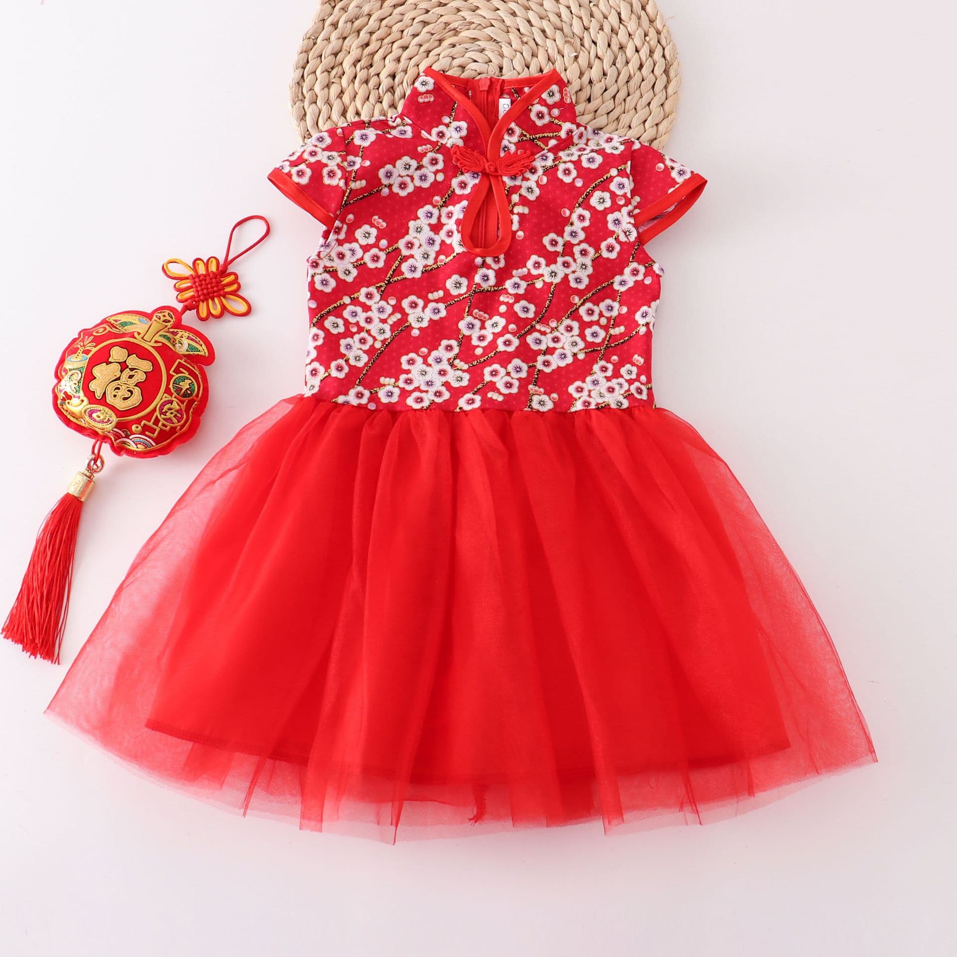 Cross-border Girls Dress, Chinese Cheongsam for Toddlers and Kids, Autumn Chinese Style Princess Dress with Tulle Skirt