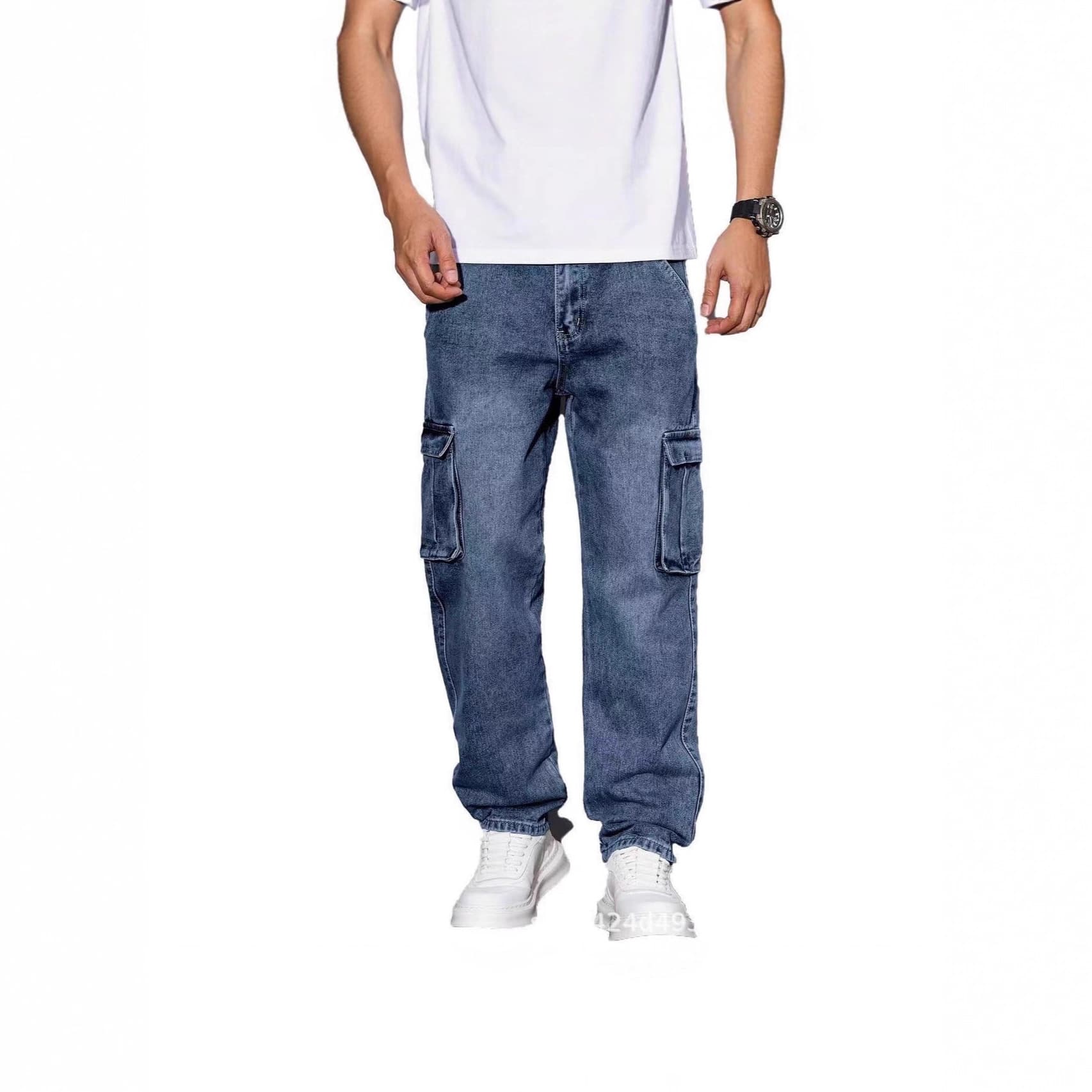 Cross-border American high street handsome retro multi-pocket work jeans spring and autumn loose straight casual trousers
