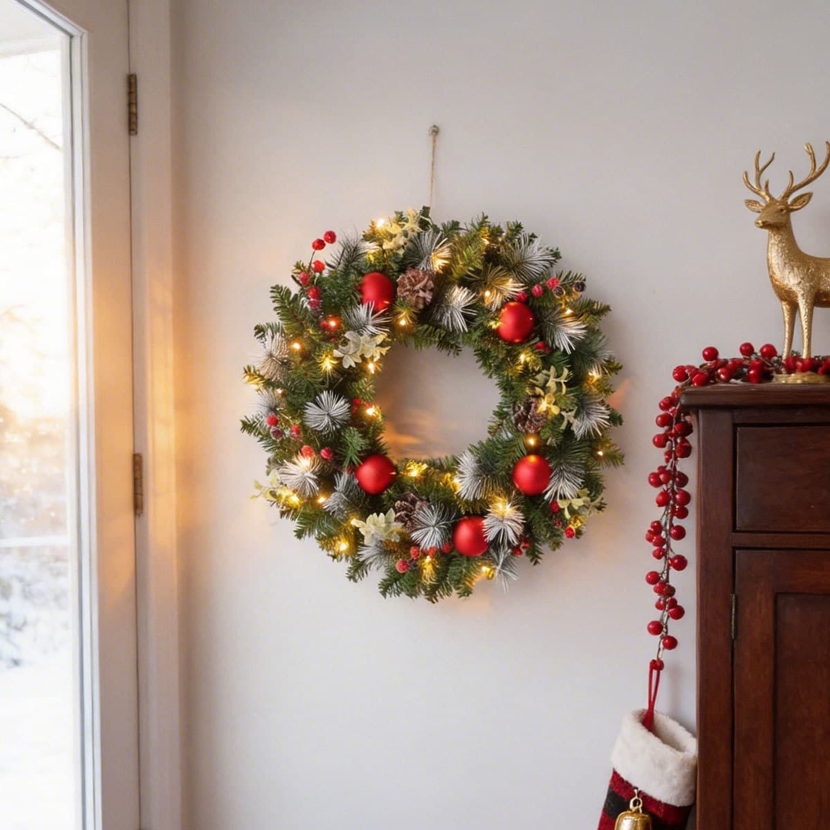 Christmas Wreath Decoration with Pinecone, Red Berry, and Christmas Ball for Wall Hanging Scene Arrangement