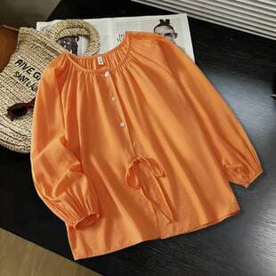 Versatile Orange Lightweight Short Sleeve Shirt for Women Summer Unique Pretty Top French Lazy Relaxed Sense French Style Blouse