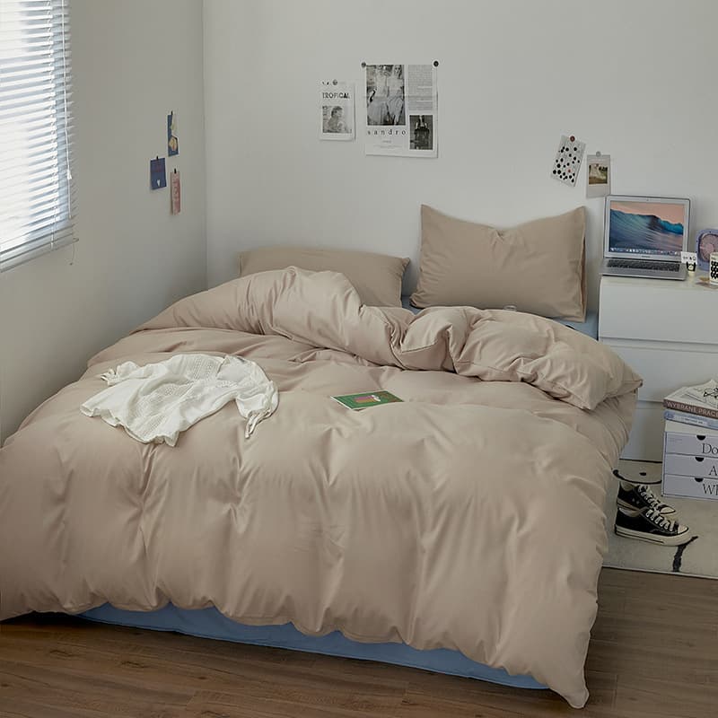 Ins Washed Cotton Four-Piece Set, Solid Color Two-Tone Bed Sheet, Student Dorm Fitted Sheet Three-Piece Set, Ins Style