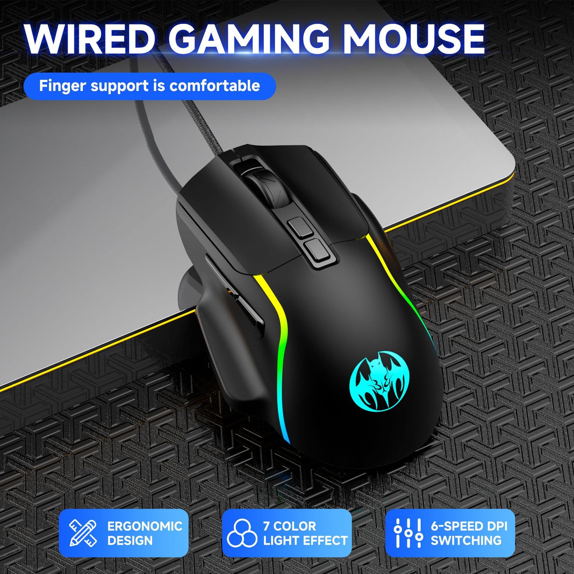 BLOODBAT Cross-Border Rainbow RGB Wired Gaming Mouse USB Wired 6-Level 7200DPI Esports Gaming Mouse