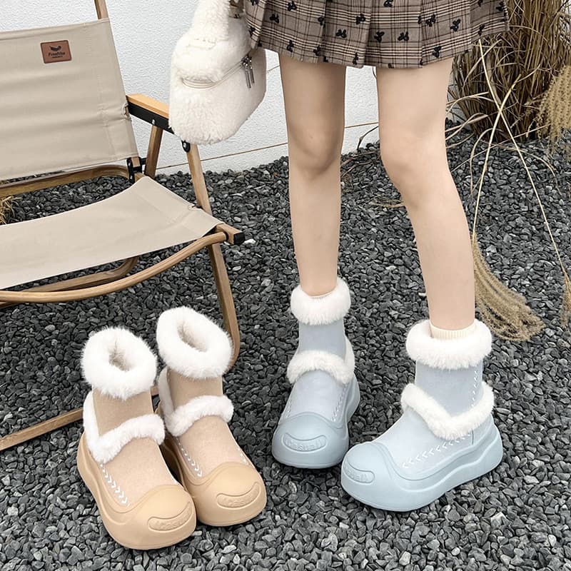 Genuine Shearling Women's Snow Boots 2024 New Smiley Face Platform Versatile Fleece-Lined Thick Warm Cotton Boots