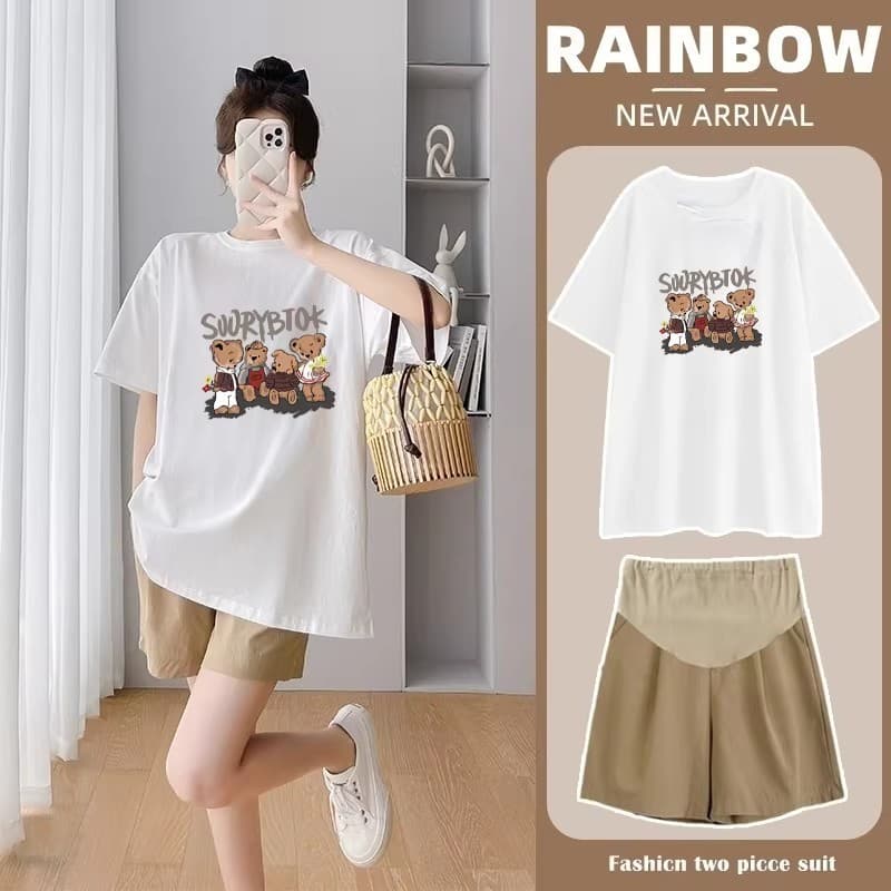 Maternity Set Loose Fit Plus Size Summer Thin Short Sleeve T-Shirt 2026 New White Top and Pants Two-Piece