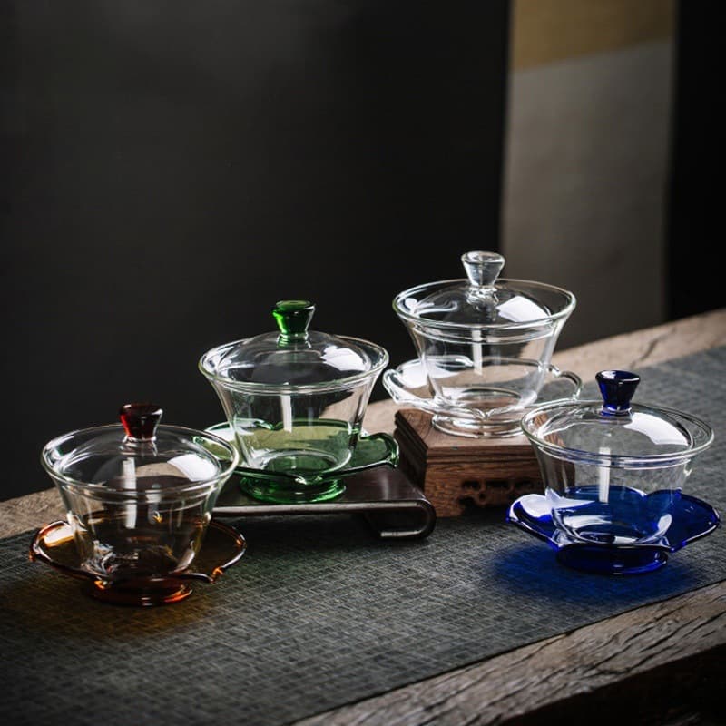 San Cai Cup Multi-Color Household Kung Fu Tea Set, Cold and Heat Resistant, Simple Tea Brewing Bowl, High Borosilicate Glass Tea Cup with Lid