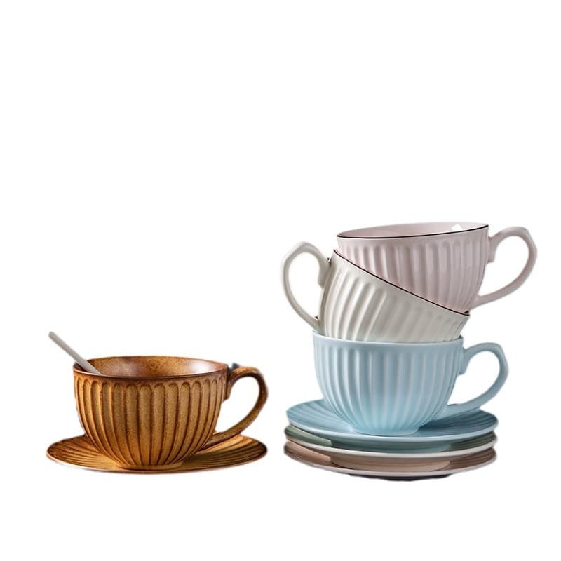 Creative Rustic Stoneware Vintage Coffee Cup, Large Mouth Latte Art Cup, Ceramic Ins Light Luxury Japanese Style with Saucer and Spoon Mug