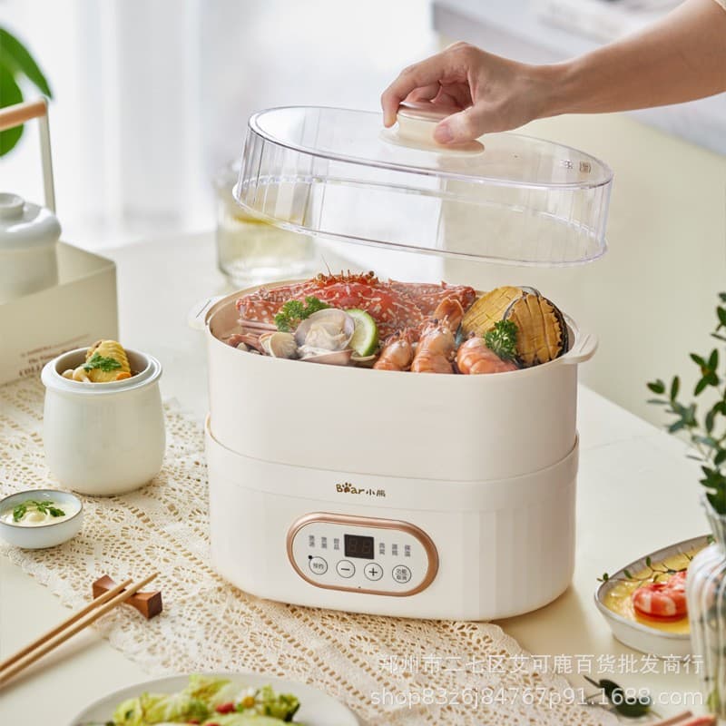 Bear DDZ-C10V1 Electric Stew Cup, Water-Bath Steaming with Steamer, 1-Person Mini, Top Steaming Bottom Stewing, Porridge and Soup Pot