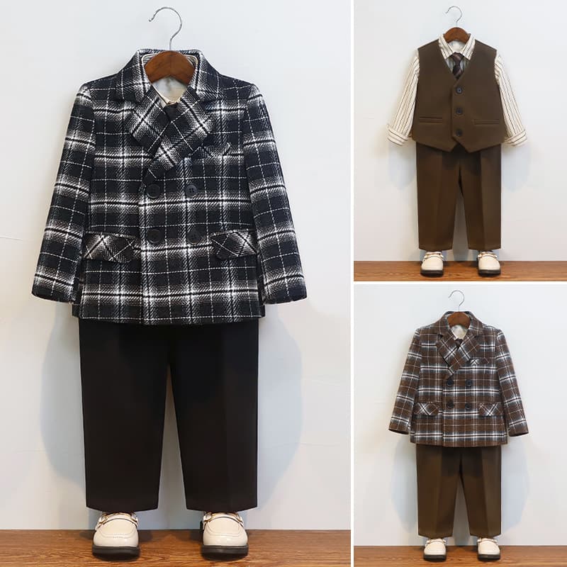 Children's Suit Autumn Winter Casual Plaid Blazer Tuxedo Flower Boy Birthday Suit Boy Piano Host Performance Outfit