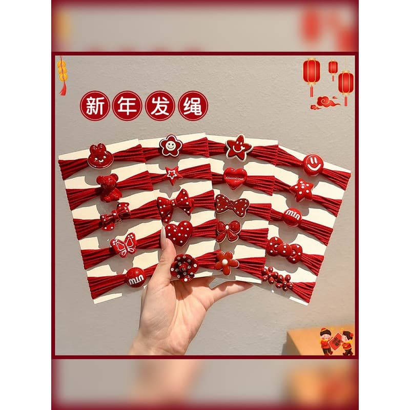 Children's Bow Hair Tie New Year Anke Red Hair Elastic Band High Elasticity Non-Damaging Hair Tie for Girls Hair Accessories