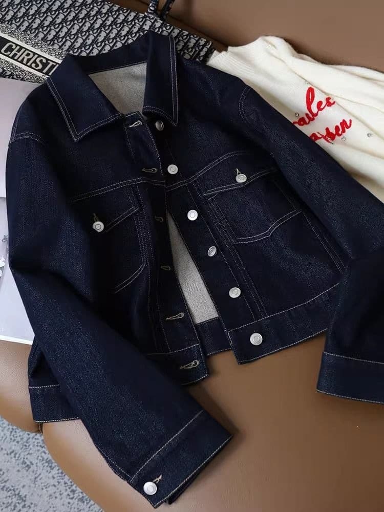 Denim Jacket for Women Spring Autumn Slim Fit Casual Workwear Top Short Contrast Stitching Thin Style BF Student Retro Petite