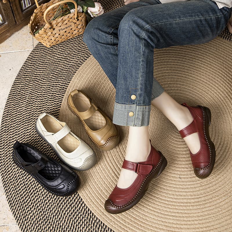 Genuine Leather Shallow Mouth Tendon Soft Sole Non-Slip Flat Heel Mom's Shoes Autum Low-Top Retro Hand-Stitched Middle-Aged and Elderly Women's Shoes